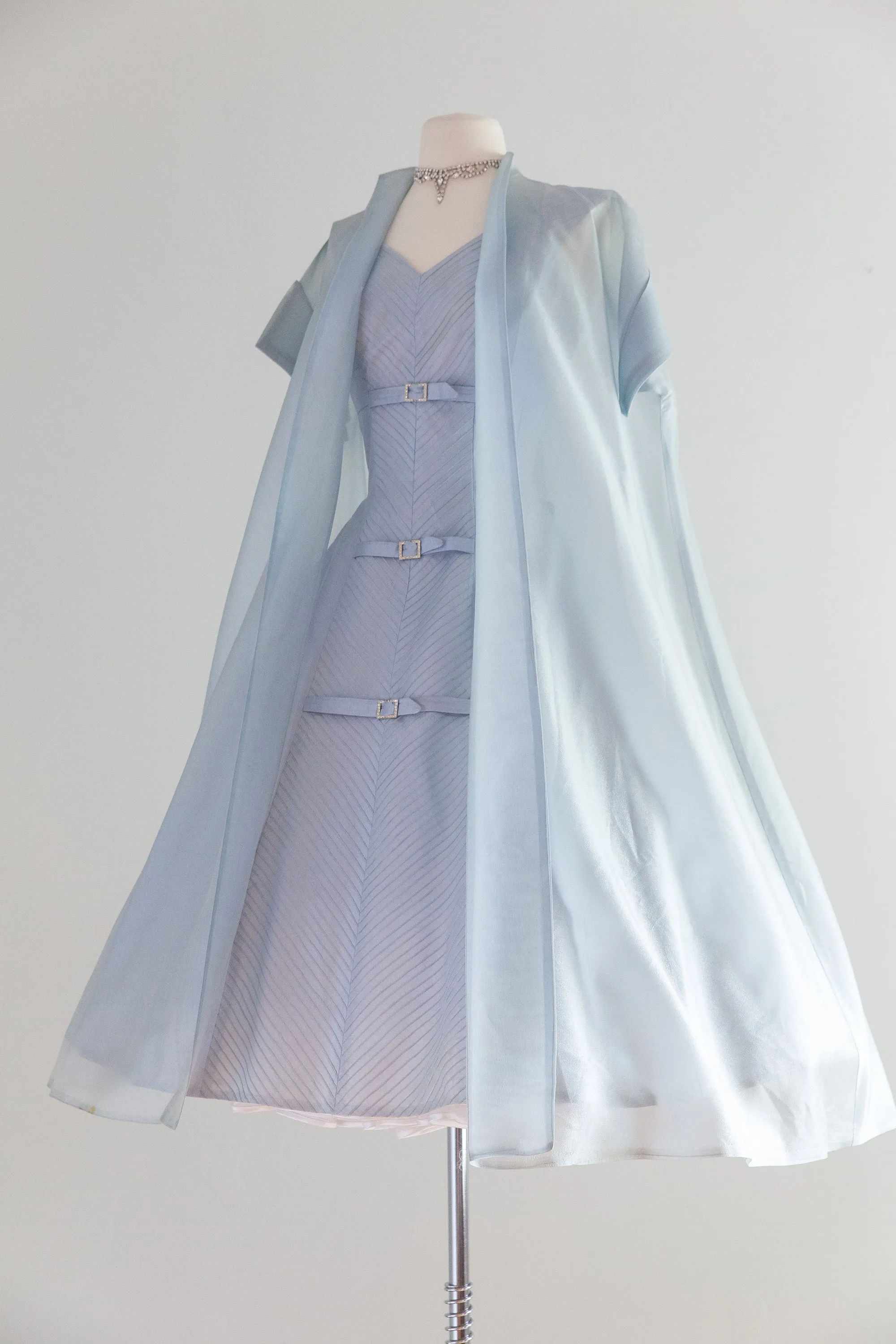 1950's Hydrangea Silk Organza Party Dress With Sheer Jacket / Waist 27