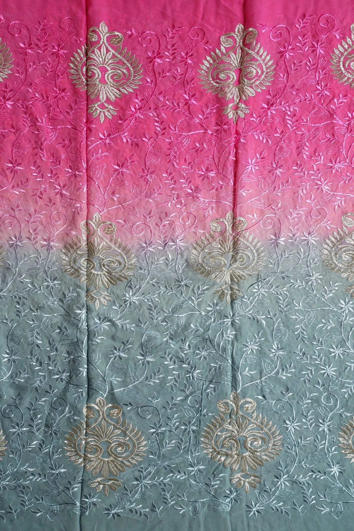 2 Meter Cut Piece Of Multi Thread With Silver Zari Floral Embroidery On Multi Color Viscose Georgette Fabric