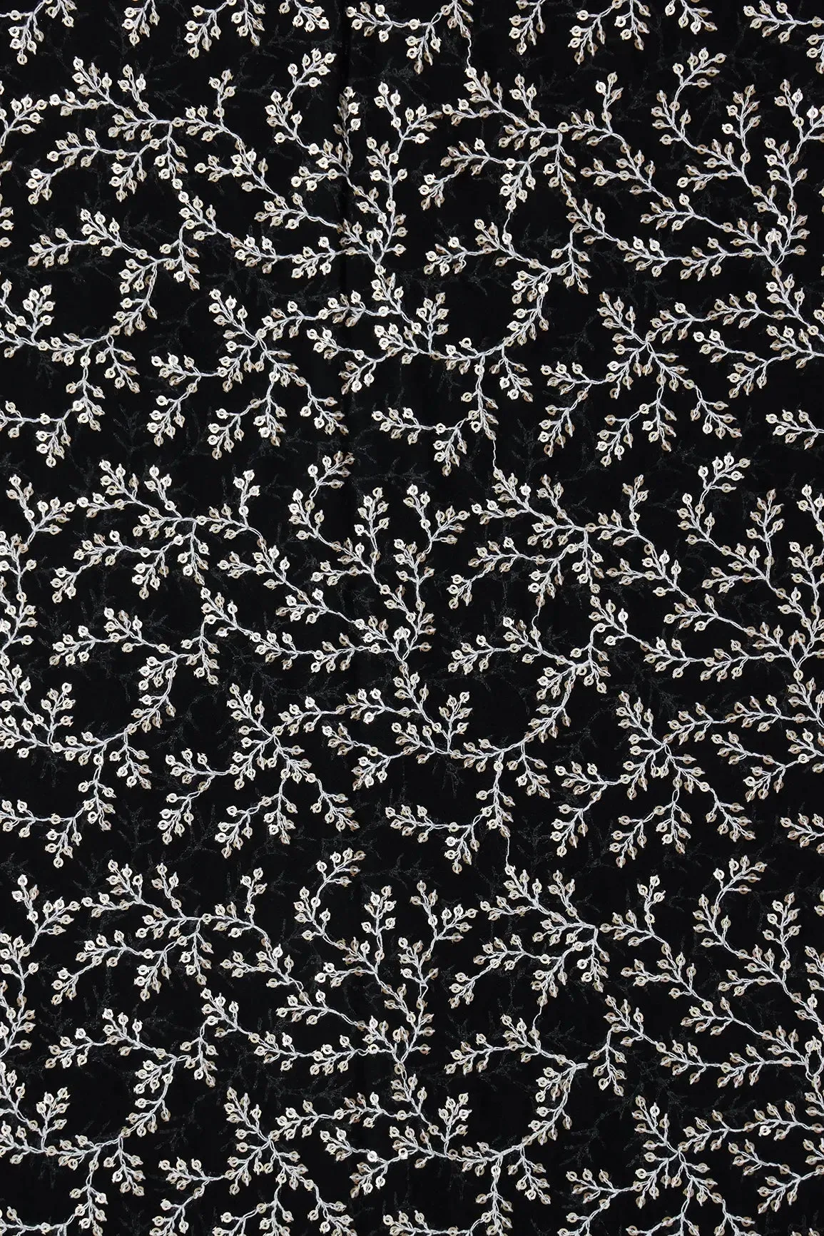 2 Meter Cut Piece Of White Thread With Gold Sequins Leafy Embroidery On Black Georgette Fabric