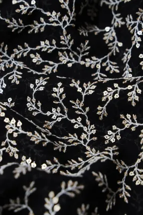 2 Meter Cut Piece Of White Thread With Gold Sequins Leafy Embroidery On Black Georgette Fabric