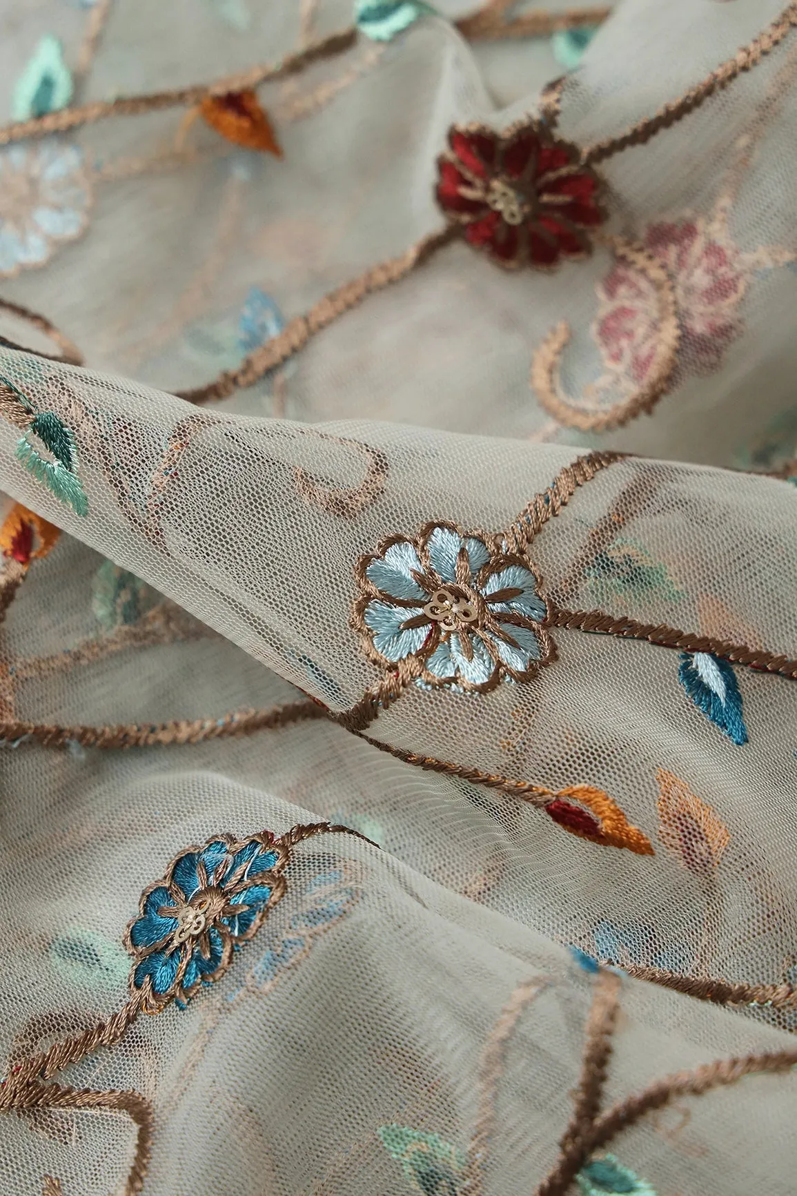 3.25 Meter Cut Piece Of Multi Thread Beautiful Floral Embroidery On Olive Soft Net Fabric