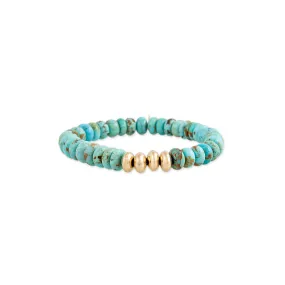 4 GOLD BEADS   TURQUOISE BEADED STRETCH BRACELET