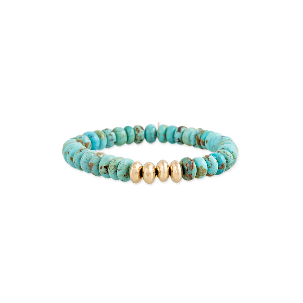 4 GOLD BEADS   TURQUOISE BEADED STRETCH BRACELET