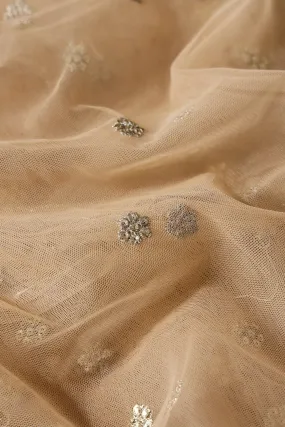 4.25 Meter Cut Piece Of Small Gold Sequins With Gold Zari Small Floral Embroidery On Beige Soft Net Fabric