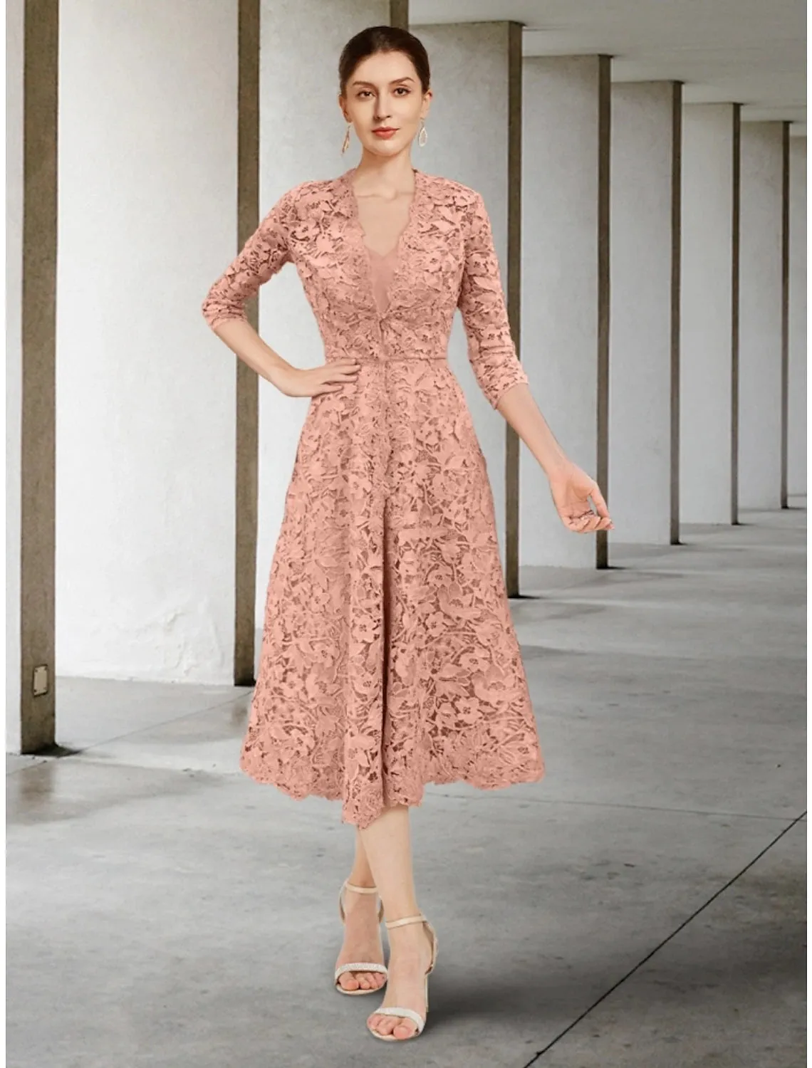 A-Line Mother of the Bride Dress Wedding Guest Elegant Petite V Neck Tea Length Chiffon 3/4 Length Sleeve with Ruching Solid Color