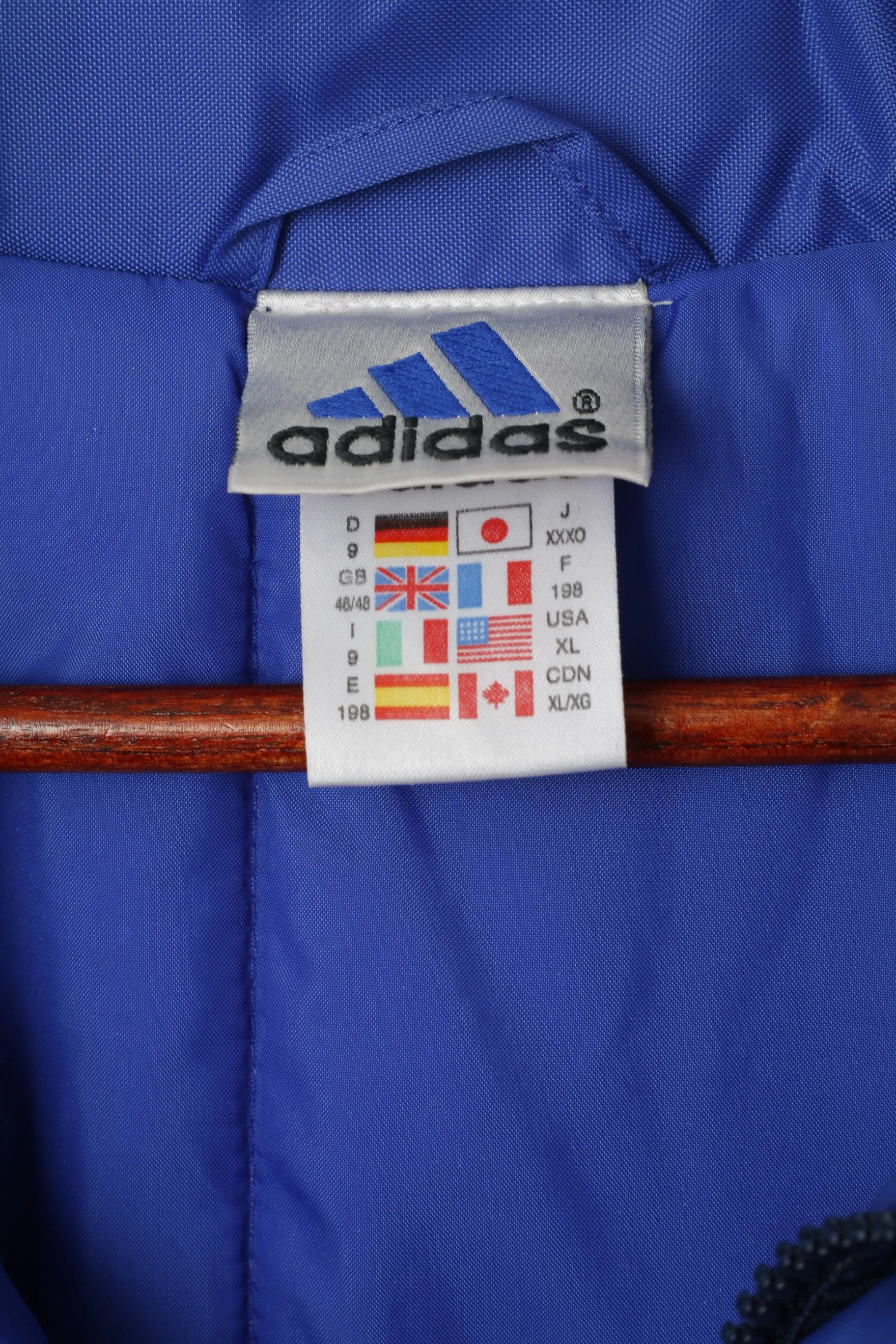 Adidas Men XL 198 Jacket Navy Nylon Padded Vintage 90s Full Zipper Sportswear Hidden Hood Top