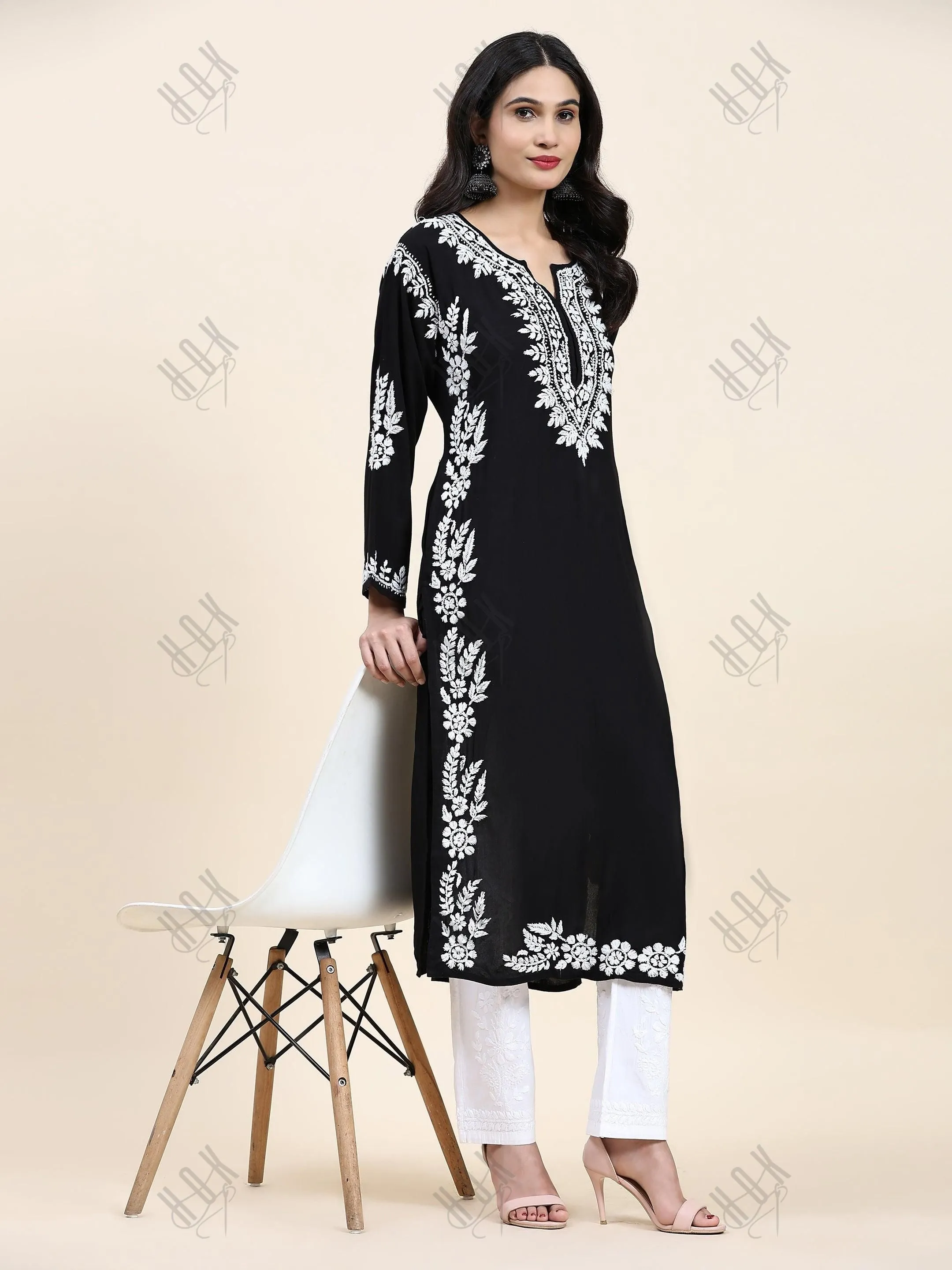 Aditi in HOK Chikankari Long Kurta in Modal Cotton for Women- Black