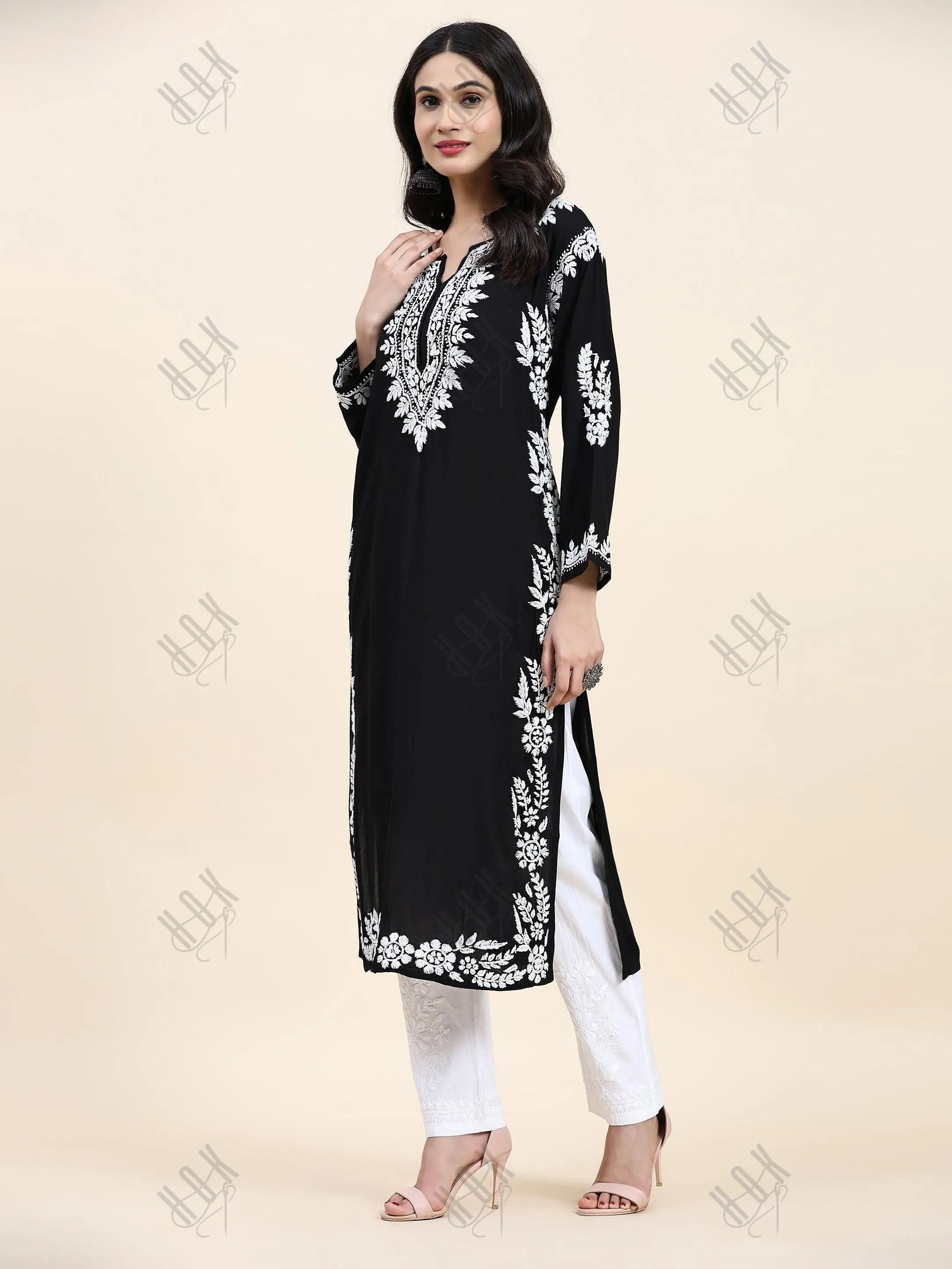 Aditi in HOK Chikankari Long Kurta in Modal Cotton for Women- Black