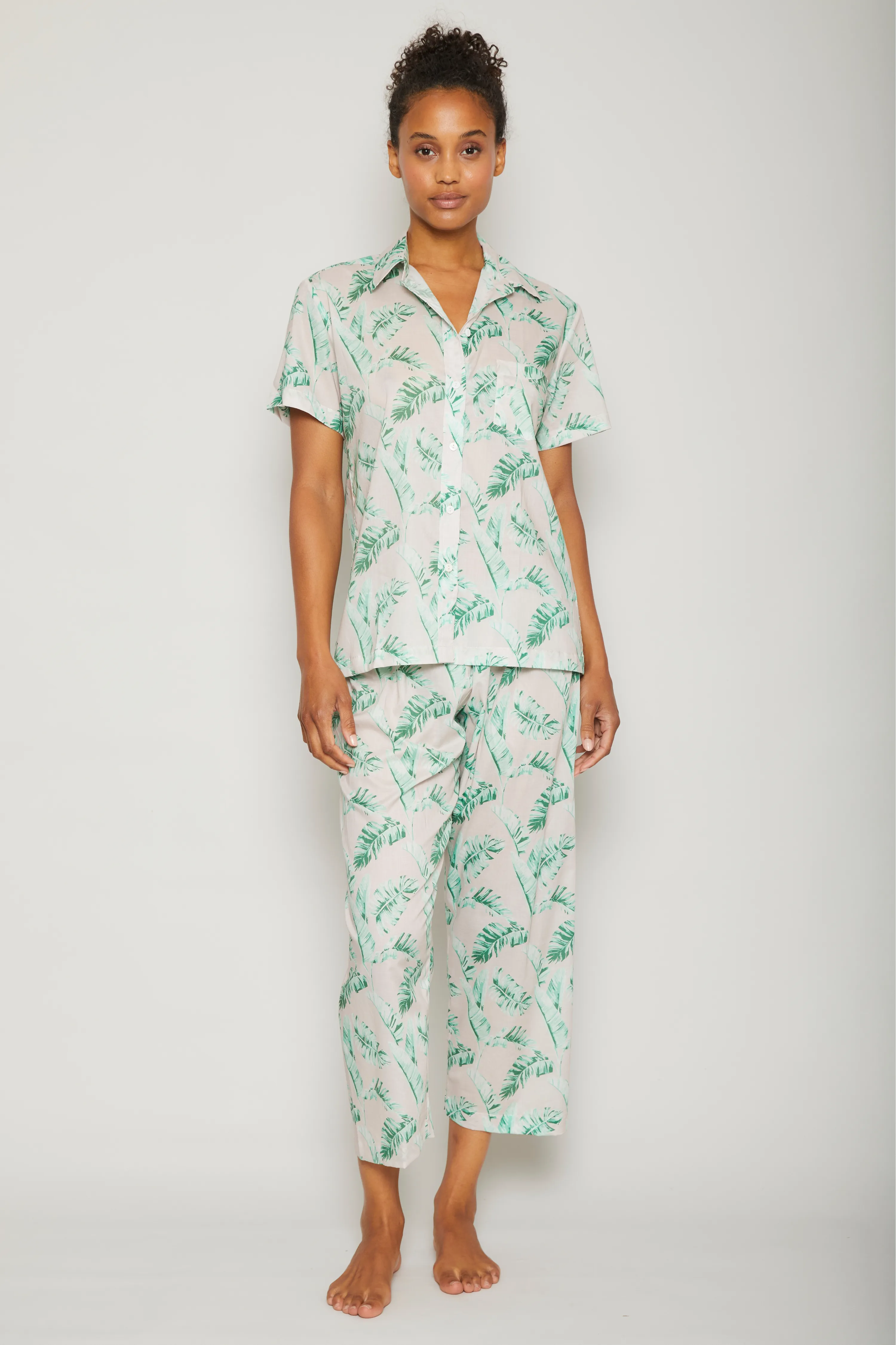 Banana Leaves Short Sleeve /Cropped Pant PJ Set - Pink