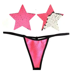 Bitchin' Flip Sequin NEON Pink & Silver Blacklight Pastie and Pantie Lingerie Set