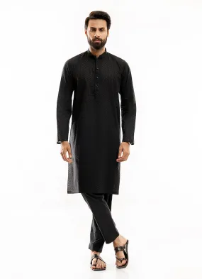 Black Self Embroidered Schiffli Cotton Kurta