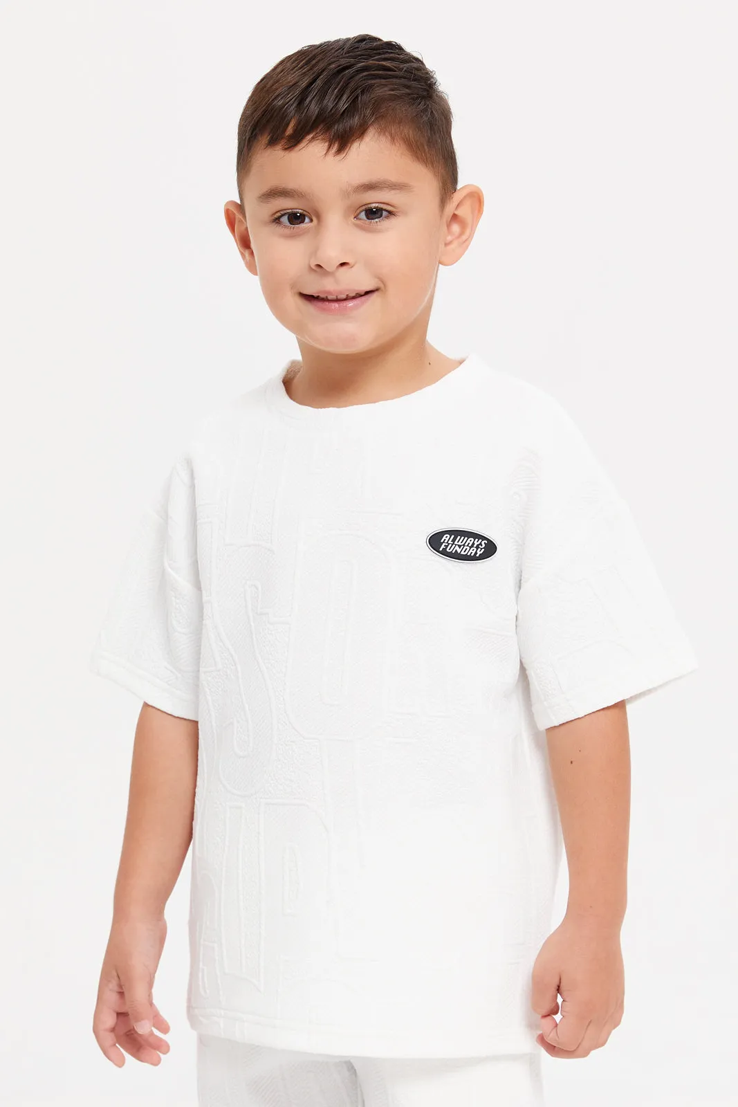 Boys White Embossed T-Shirt And Shorts Set (2 Piece)