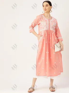 Chikankari Hand embroidery Round neck Dress In Light Pink & White