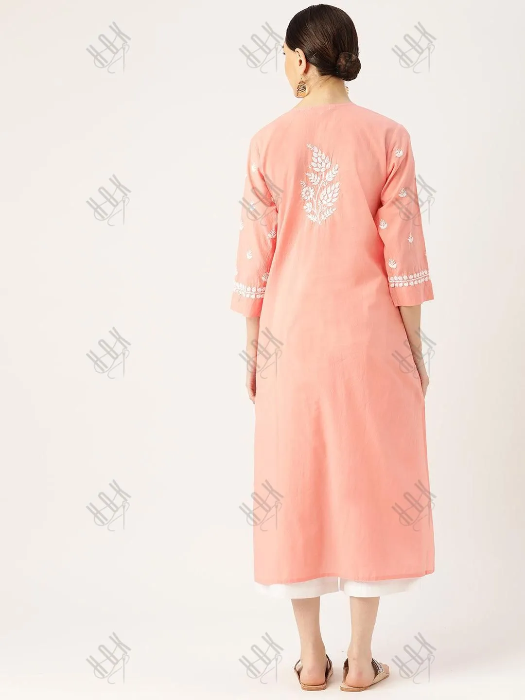 Chikankari Hand embroidery Round neck Dress In Light Pink & White