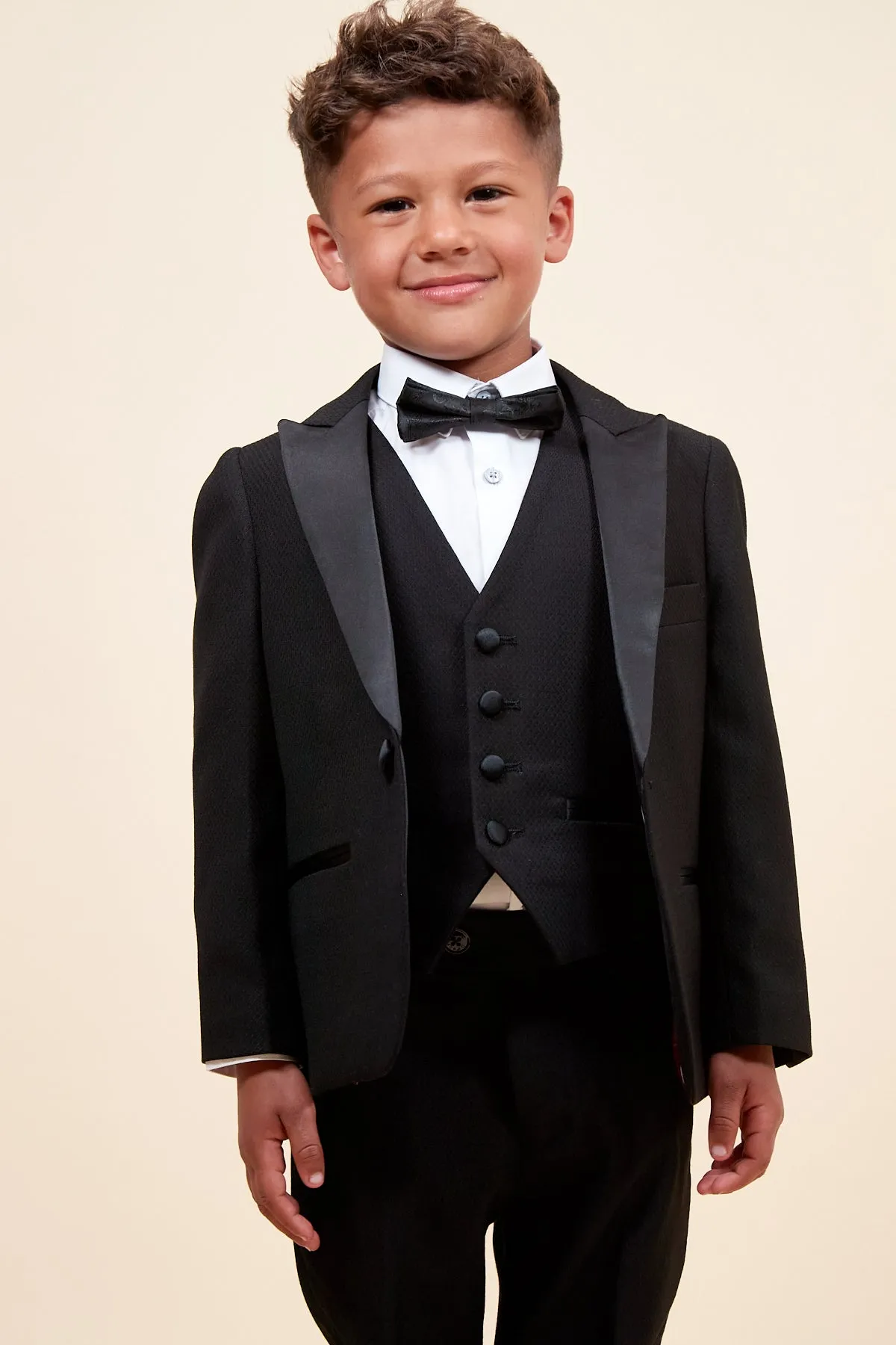 DALTON - Children's Black Tux Lapel Diamond Three Piece Suit