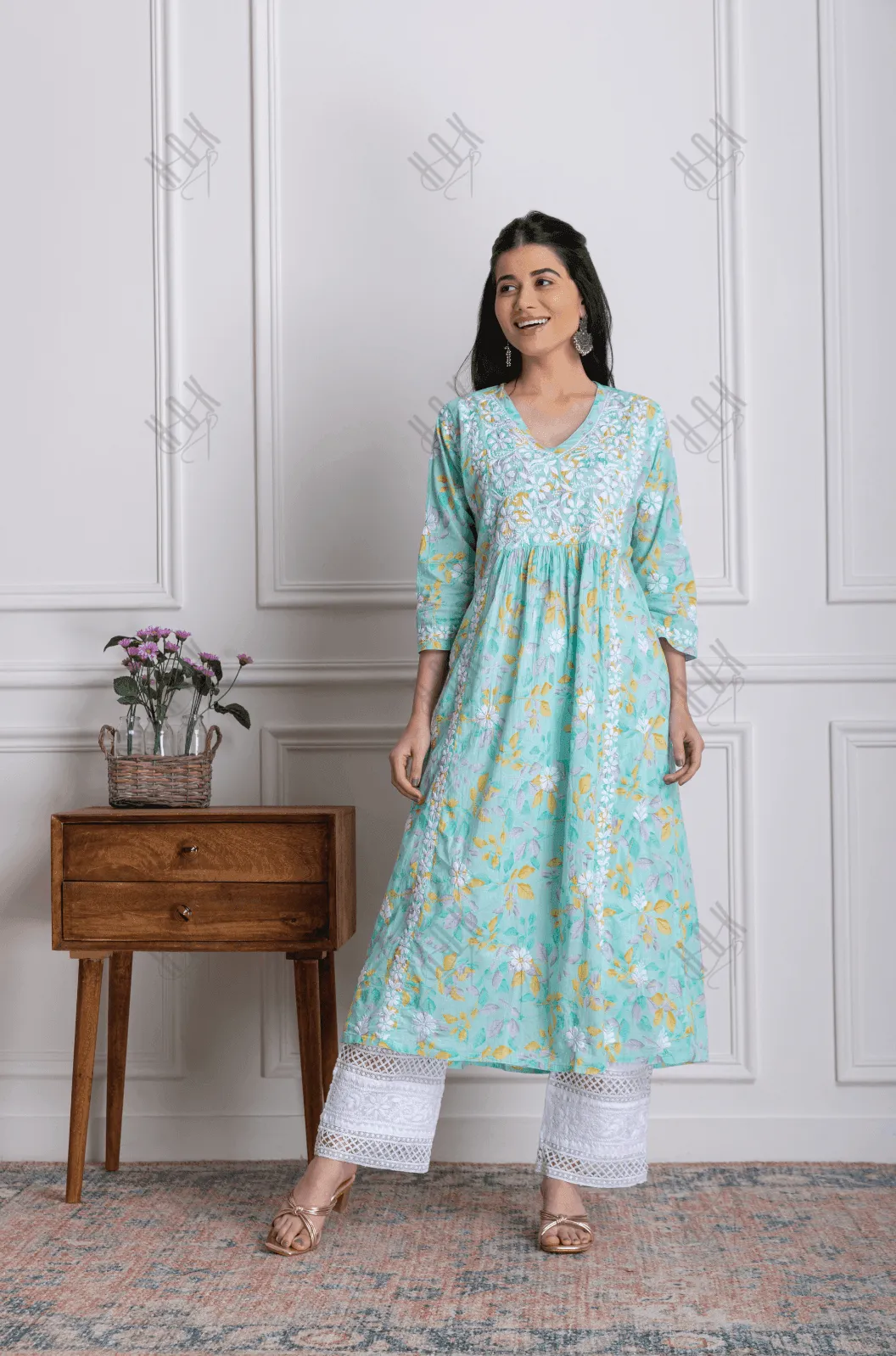 Fizaa Chikankari Long Kurta in Mul Cotton for Women-Sea Green