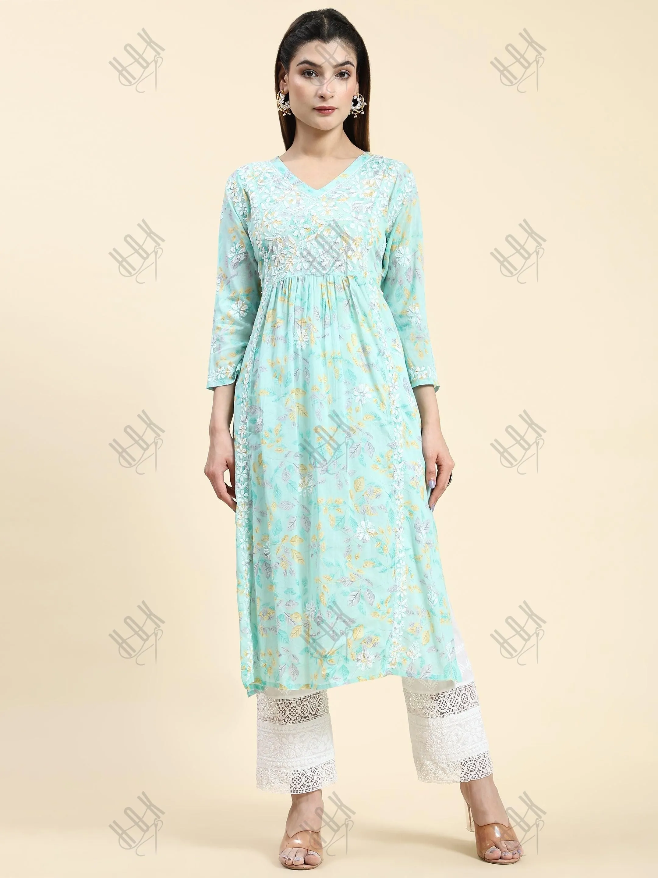 Fizaa Chikankari Long Kurta in Mul Cotton for Women-Sea Green