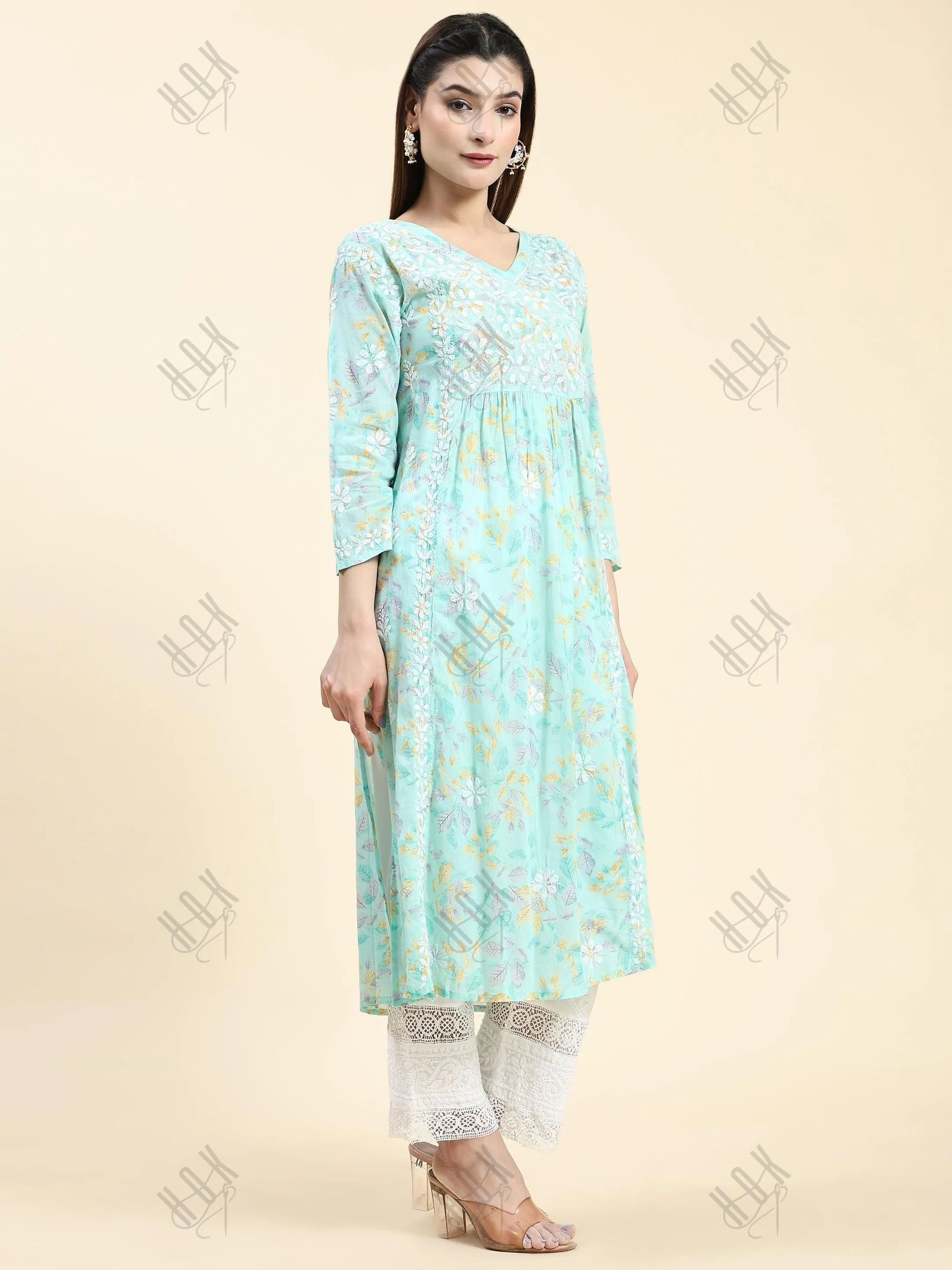 Fizaa Chikankari Long Kurta in Mul Cotton for Women-Sea Green