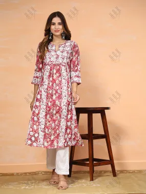 Fizaa Chikankari Long Kurta in Muslin Cotton for Women- Red Print