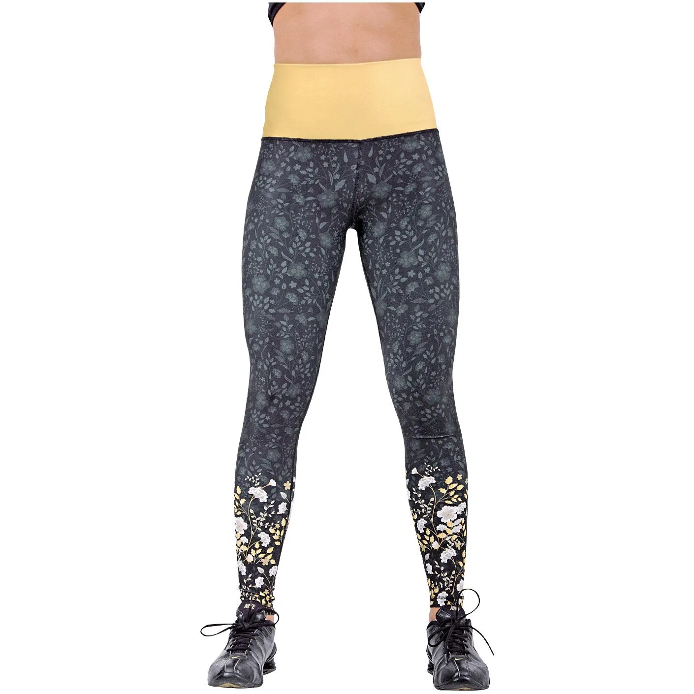 FLEXMEE 946077 | Luxury Golden Sublimated Mid Rise Sports Leggings | Microfiber