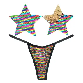 Funfetti Multicolor Rainbow & Gold Flip Sequin Pastie and Pantie Lingerie Set