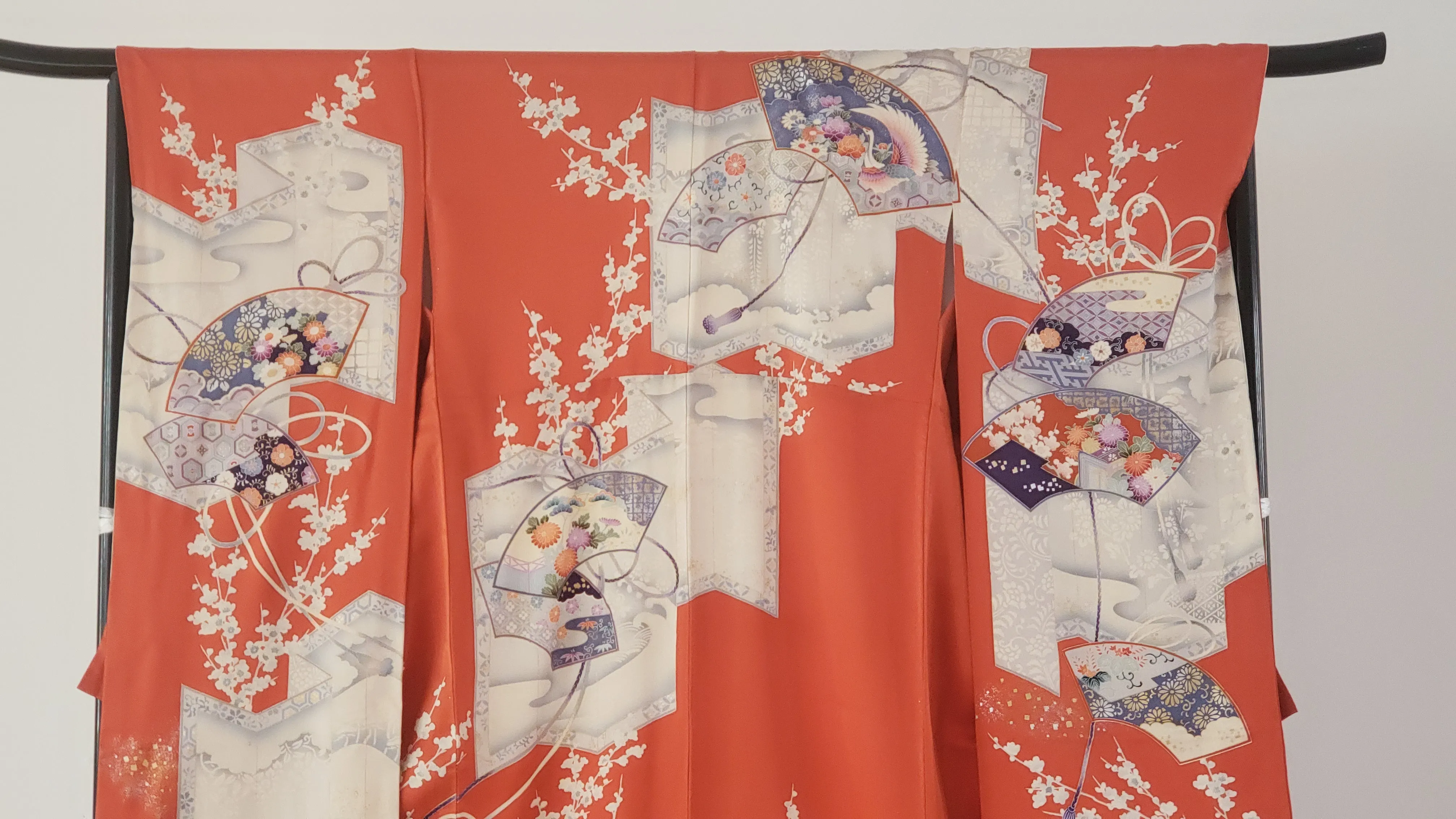 Furisode Kimono - sensu fans and chrysanthemums on brilliant orange