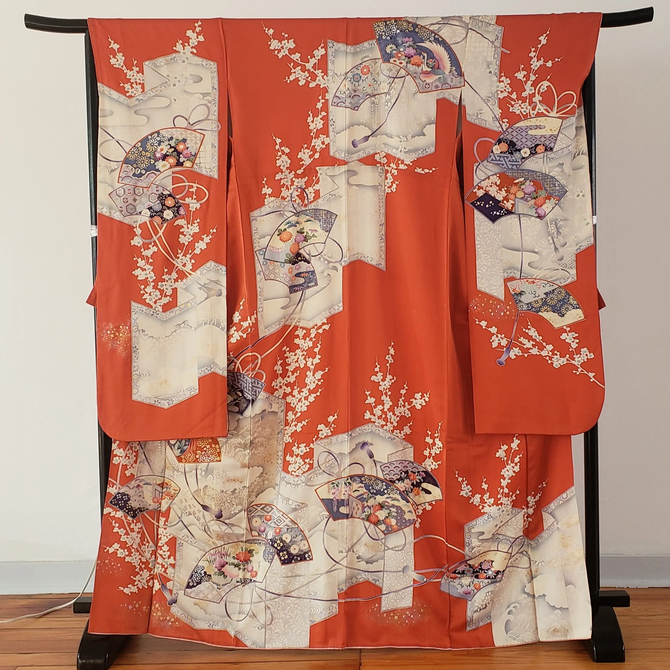 Furisode Kimono - sensu fans and chrysanthemums on brilliant orange