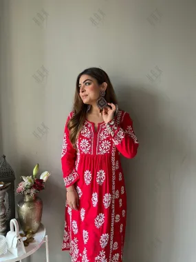 Gurleen Gambhir In  Rayon Chikankari Long Kurti Red White