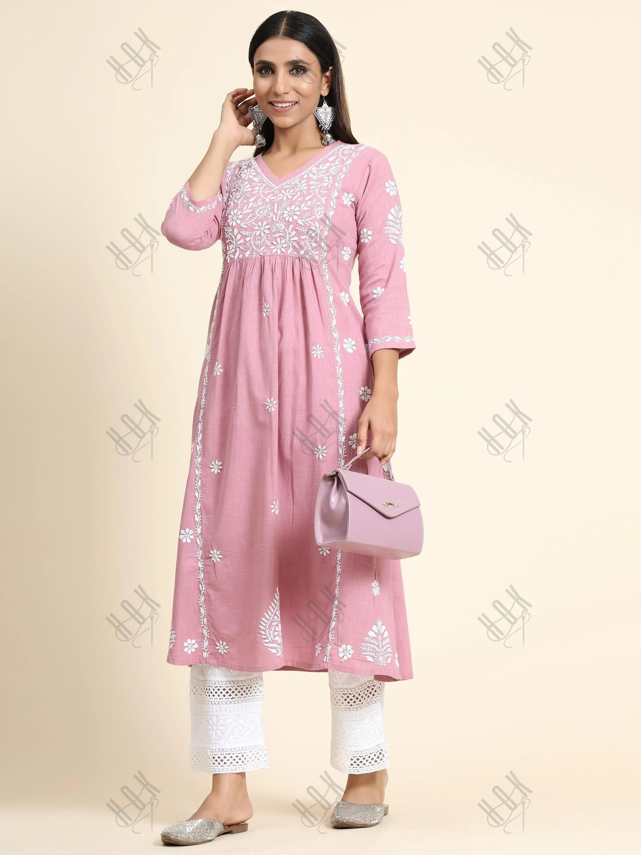 Hand embroidery Chikankari V neck Anarkali Dress | Long Kurti in Cotton For Women