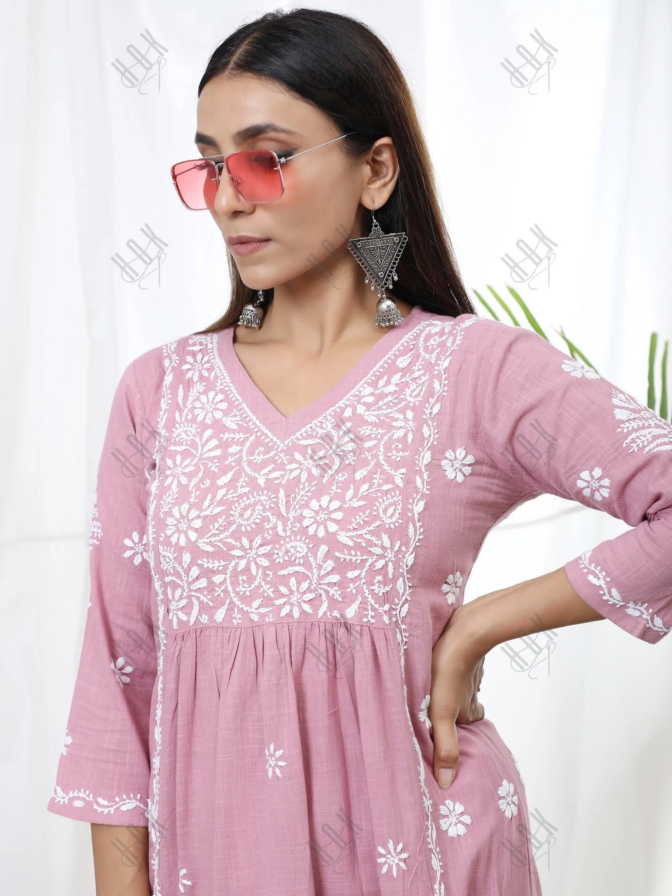 Hand embroidery Chikankari V neck Anarkali Dress | Long Kurti in Cotton For Women