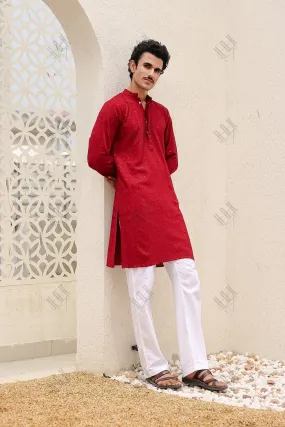 Men's Kurta In  Chikankari Rayon   - Maroon