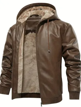 Men's Solid Color Faux Leather Hooded, Windproof Waterproof Trendy Thick Jacket, Sugar  Daddy Collection