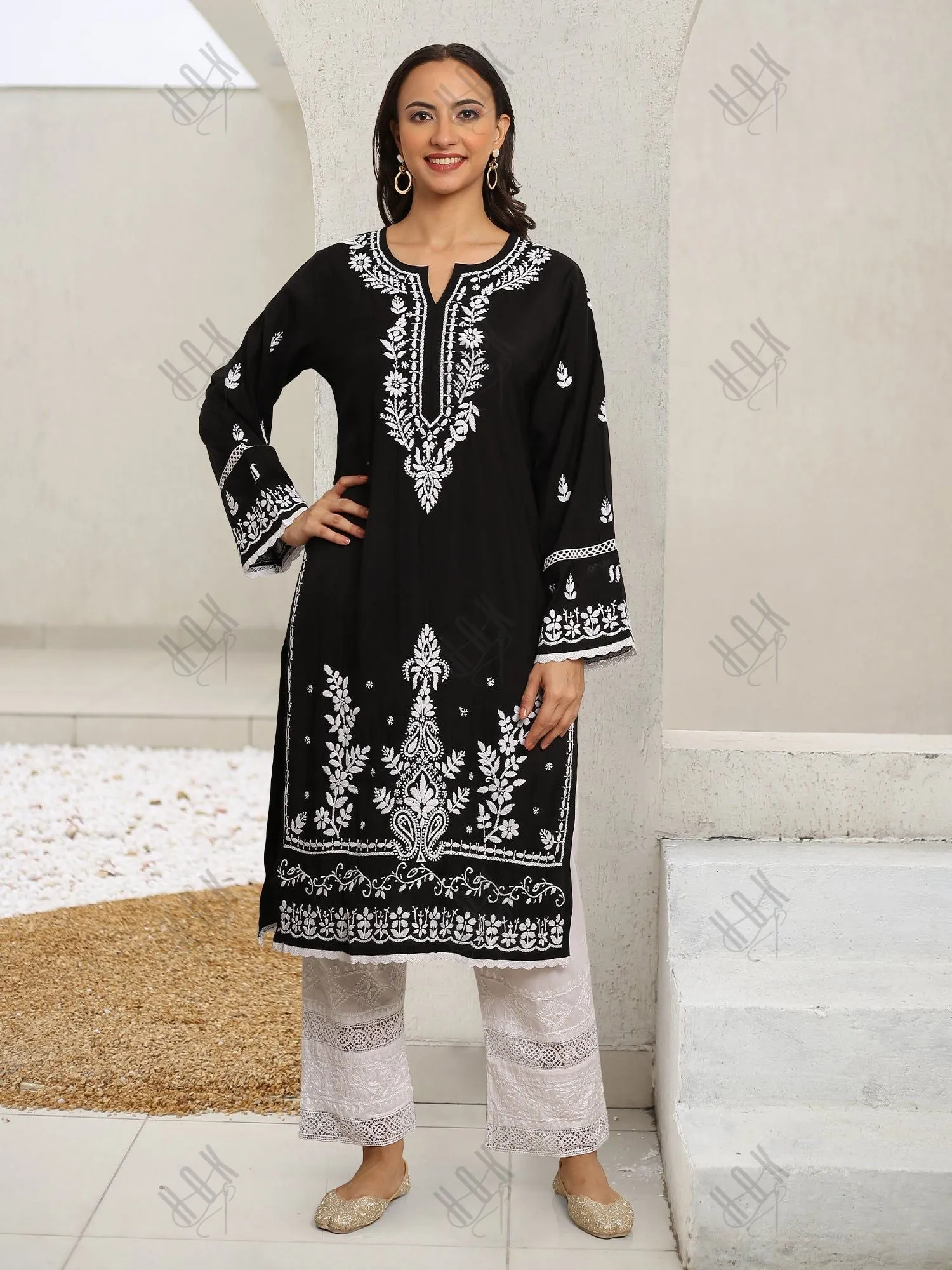 Saba Chikankari Long kurta  in Modal Silk - Black