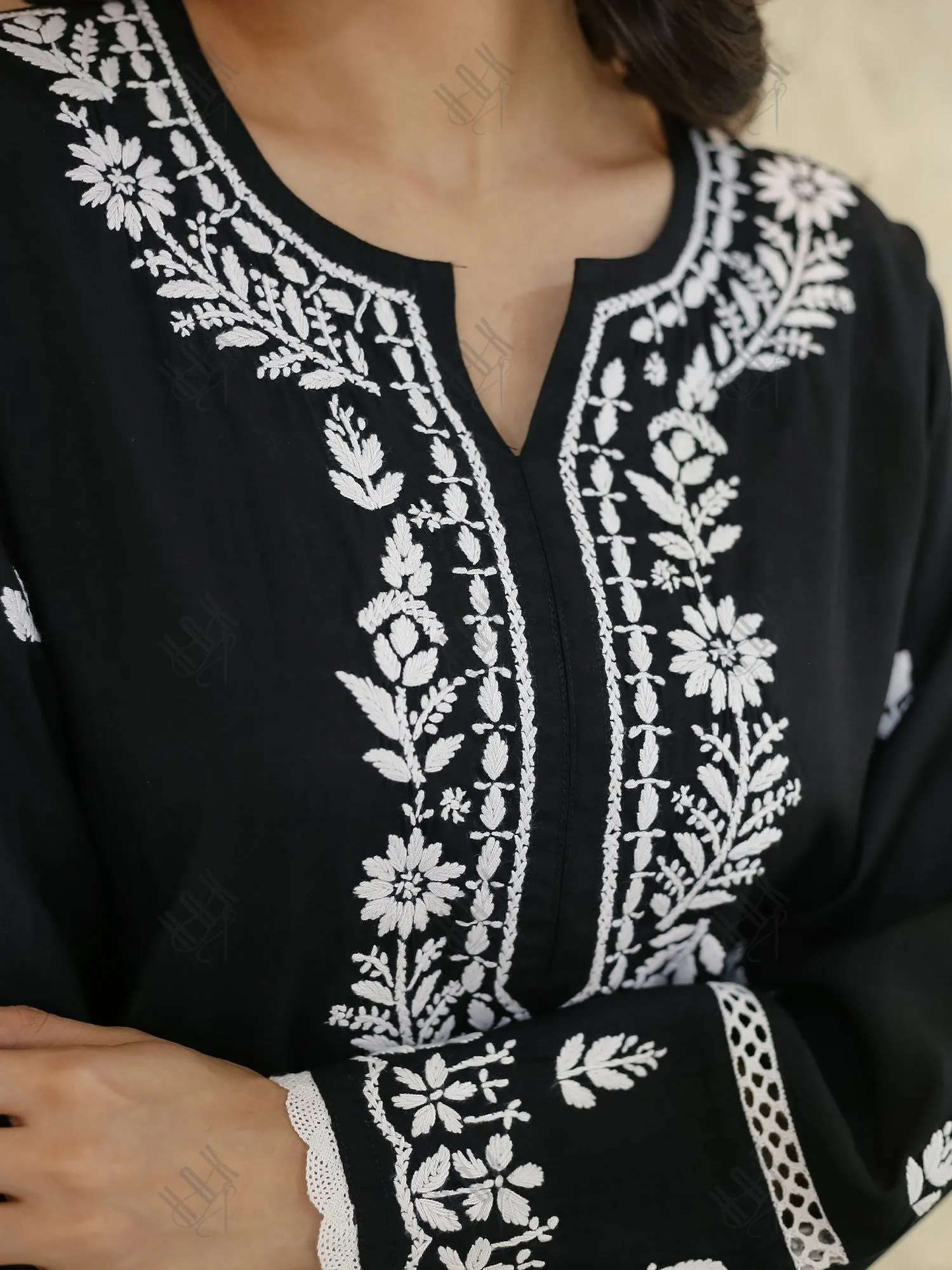 Saba Chikankari Long kurta  in Modal Silk - Black