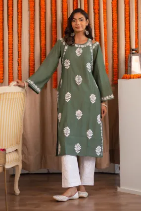 Saba Chikankari Long Kurta Shoulder Cut In Muslin - Bottle Green