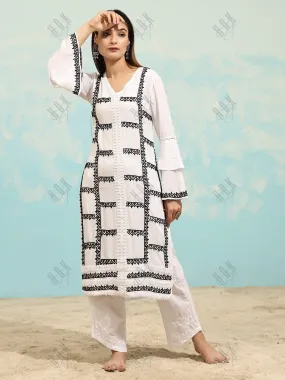 Samma Chikankari Long Kurta in Rayon Cotton for Women- White With Black