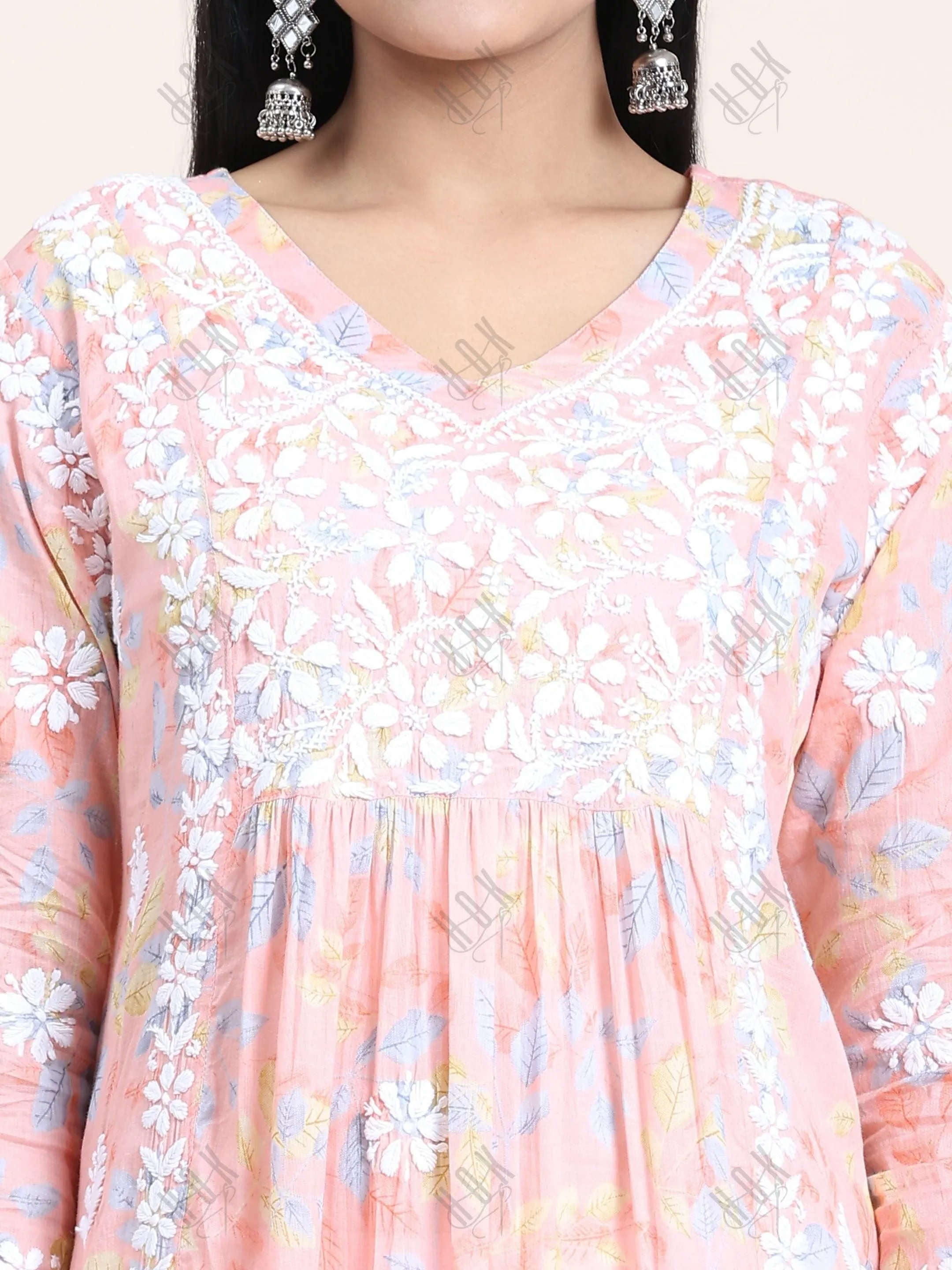 Samma Mul Printed  Hand Embroidery Chikankari Kurta- Peach