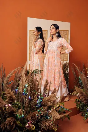 Samma Mul Printed  Hand Embroidery Chikankari Kurta- Peach