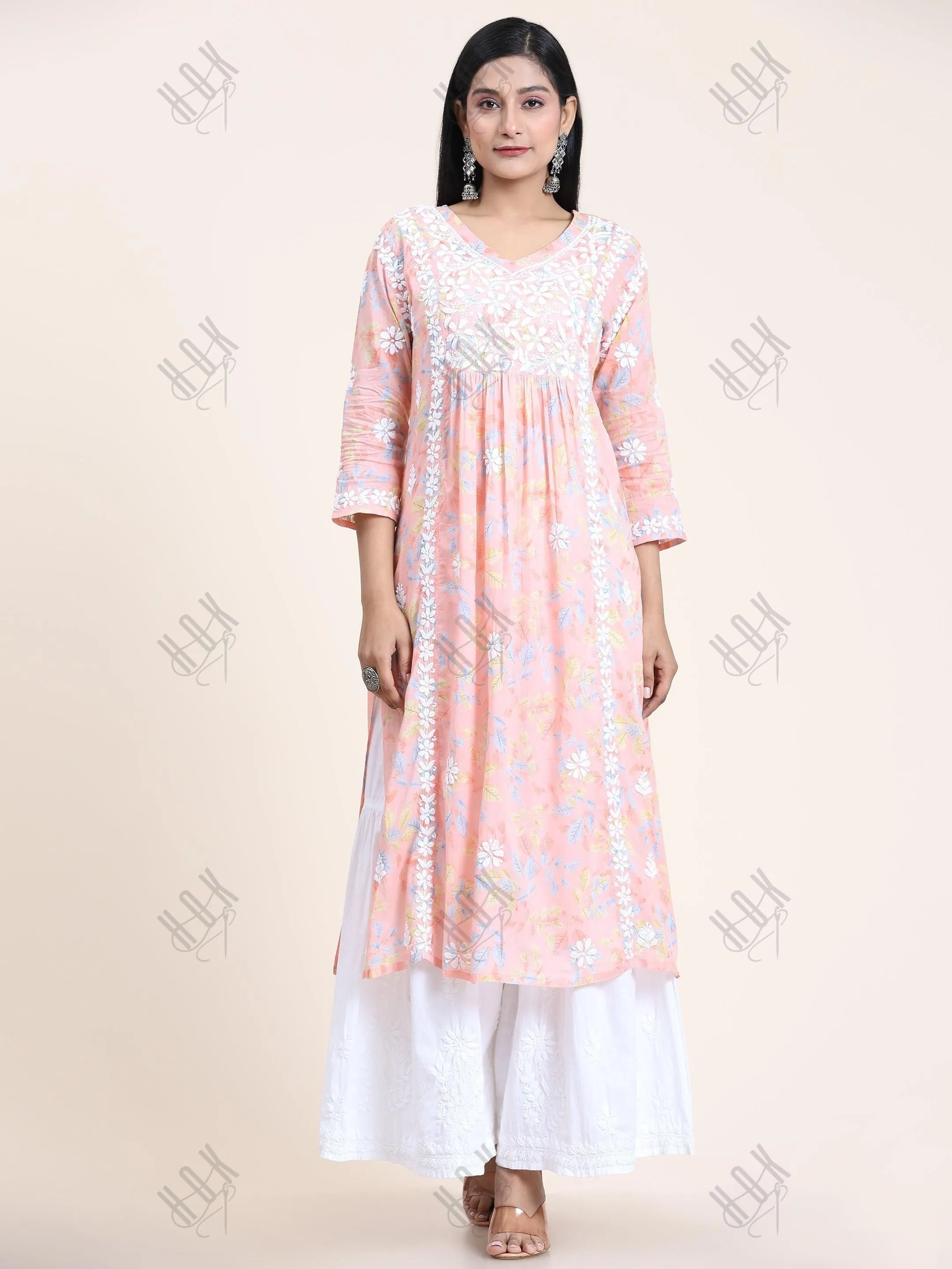 Samma Mul Printed  Hand Embroidery Chikankari Kurta- Peach