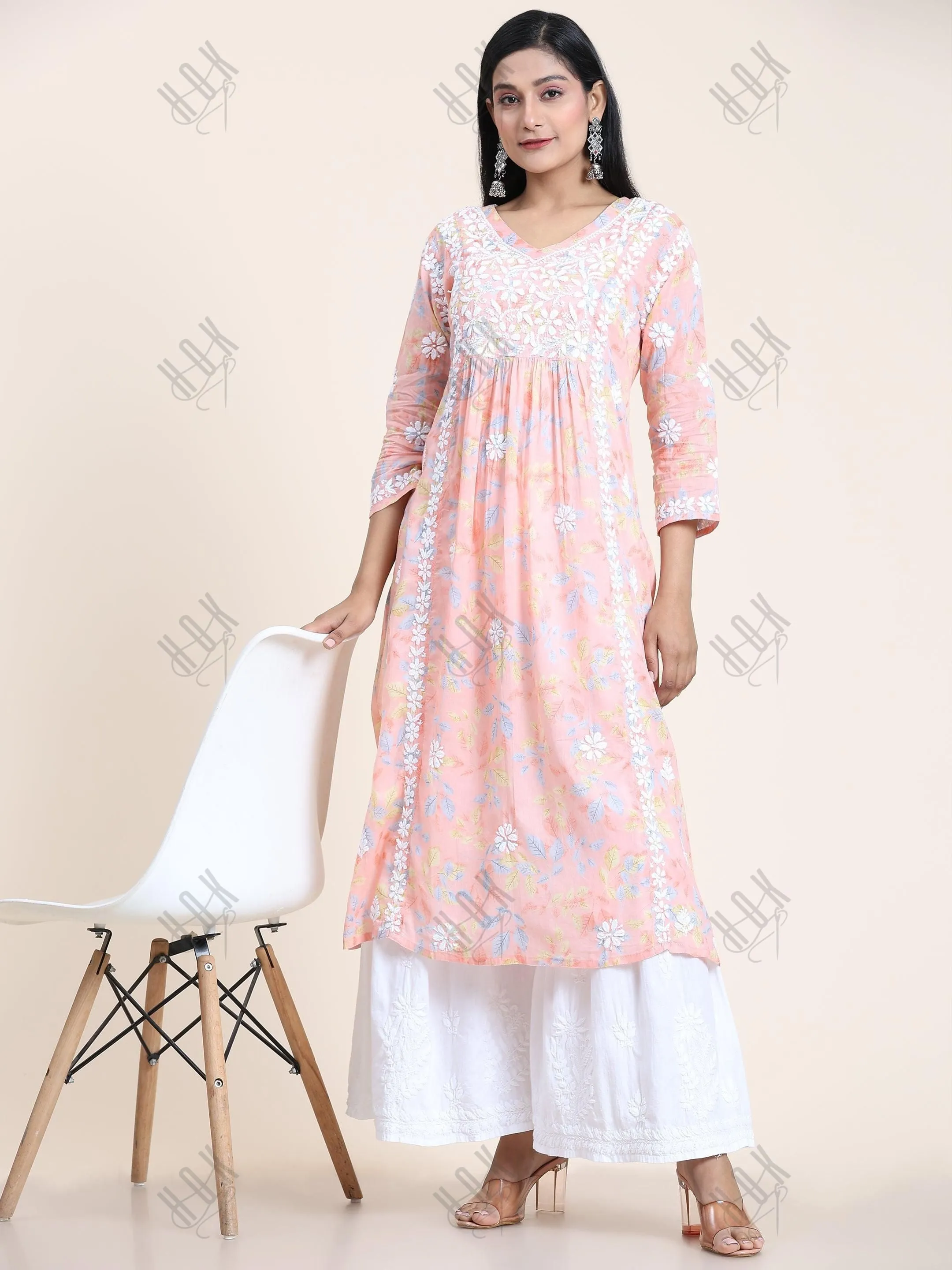 Samma Mul Printed  Hand Embroidery Chikankari Kurta- Peach