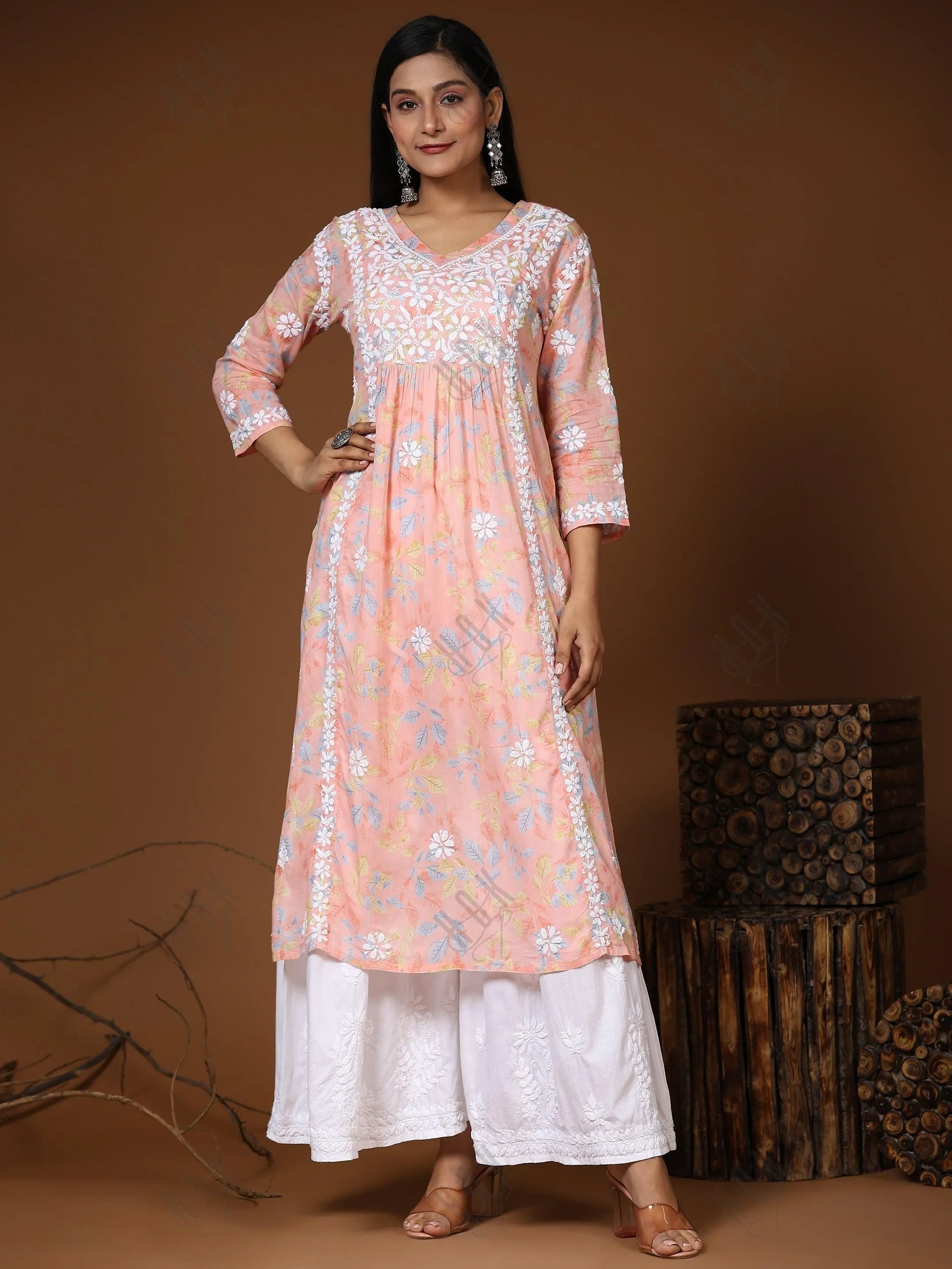 Samma Mul Printed  Hand Embroidery Chikankari Kurta- Peach