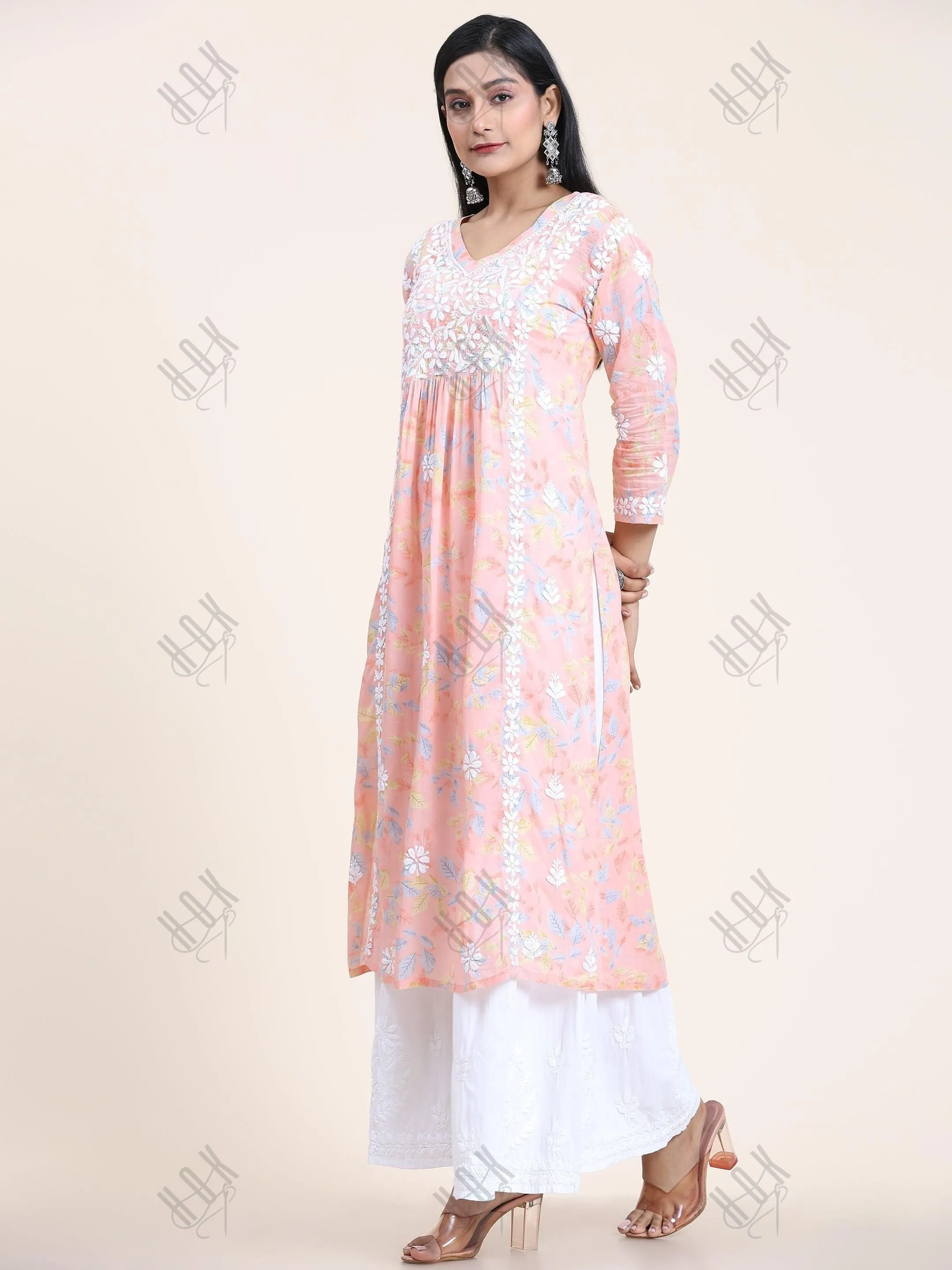 Samma Mul Printed  Hand Embroidery Chikankari Kurta- Peach