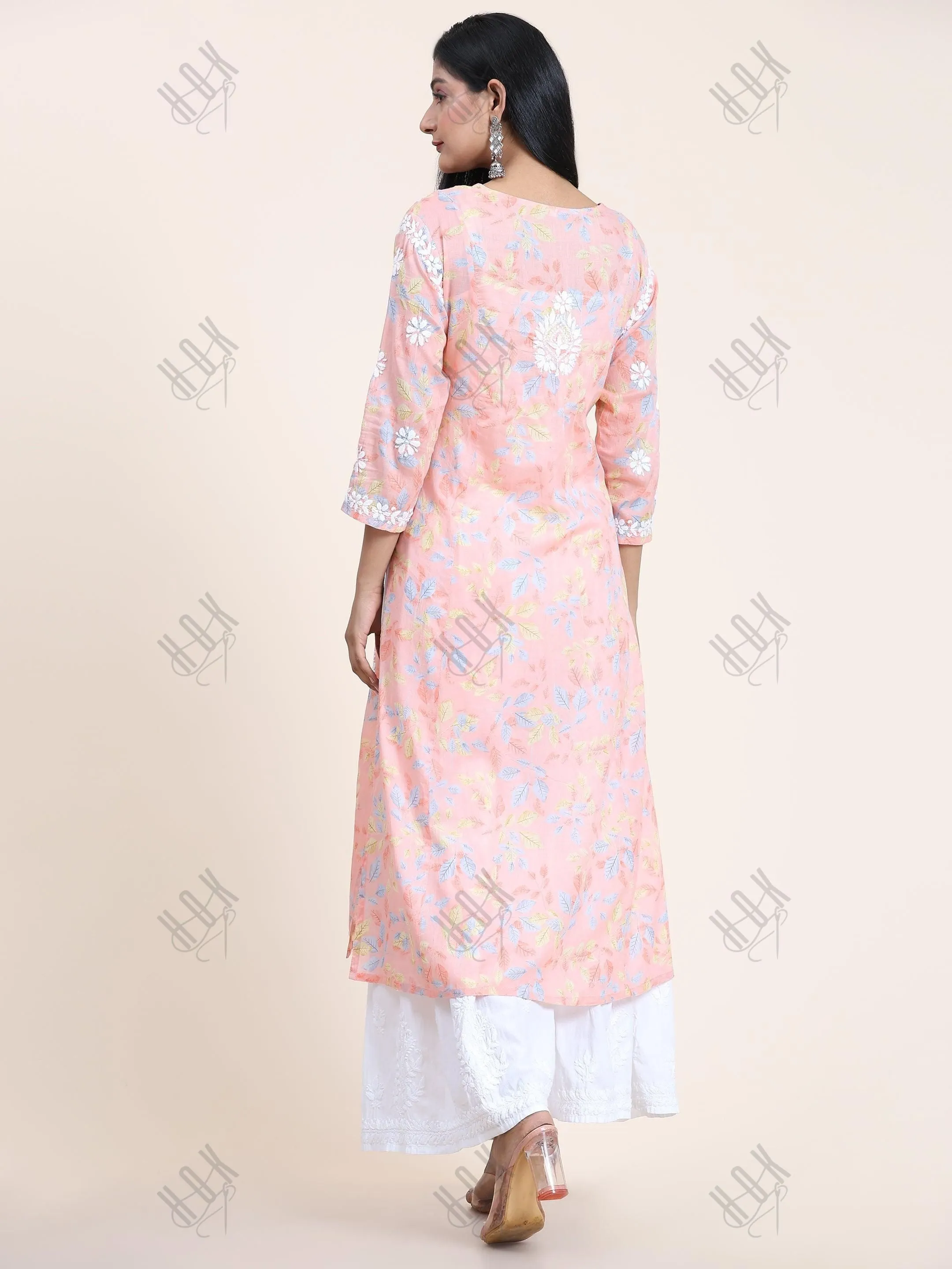 Samma Mul Printed  Hand Embroidery Chikankari Kurta- Peach