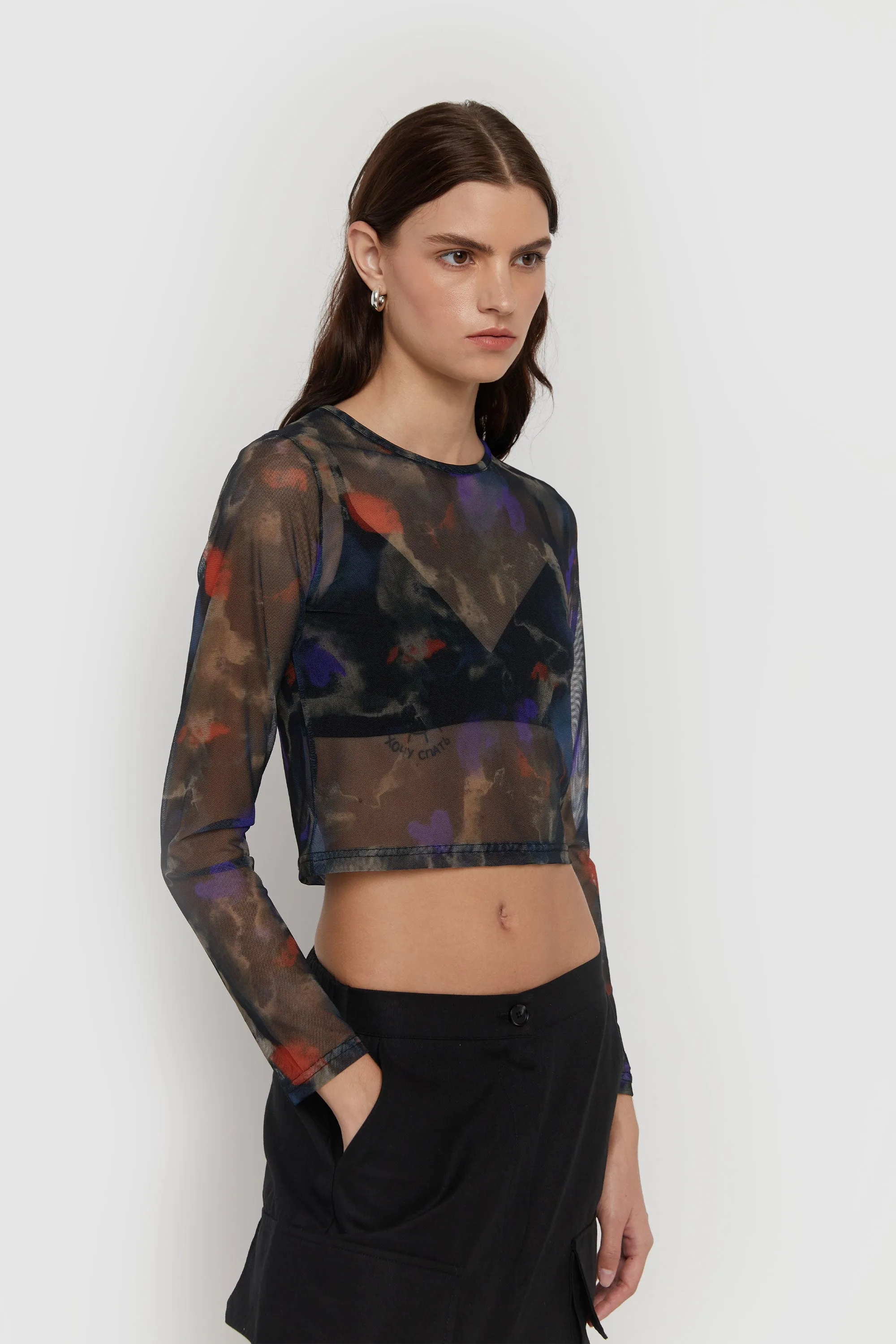 SHEER PRINTED LONG SLEEVE TOP