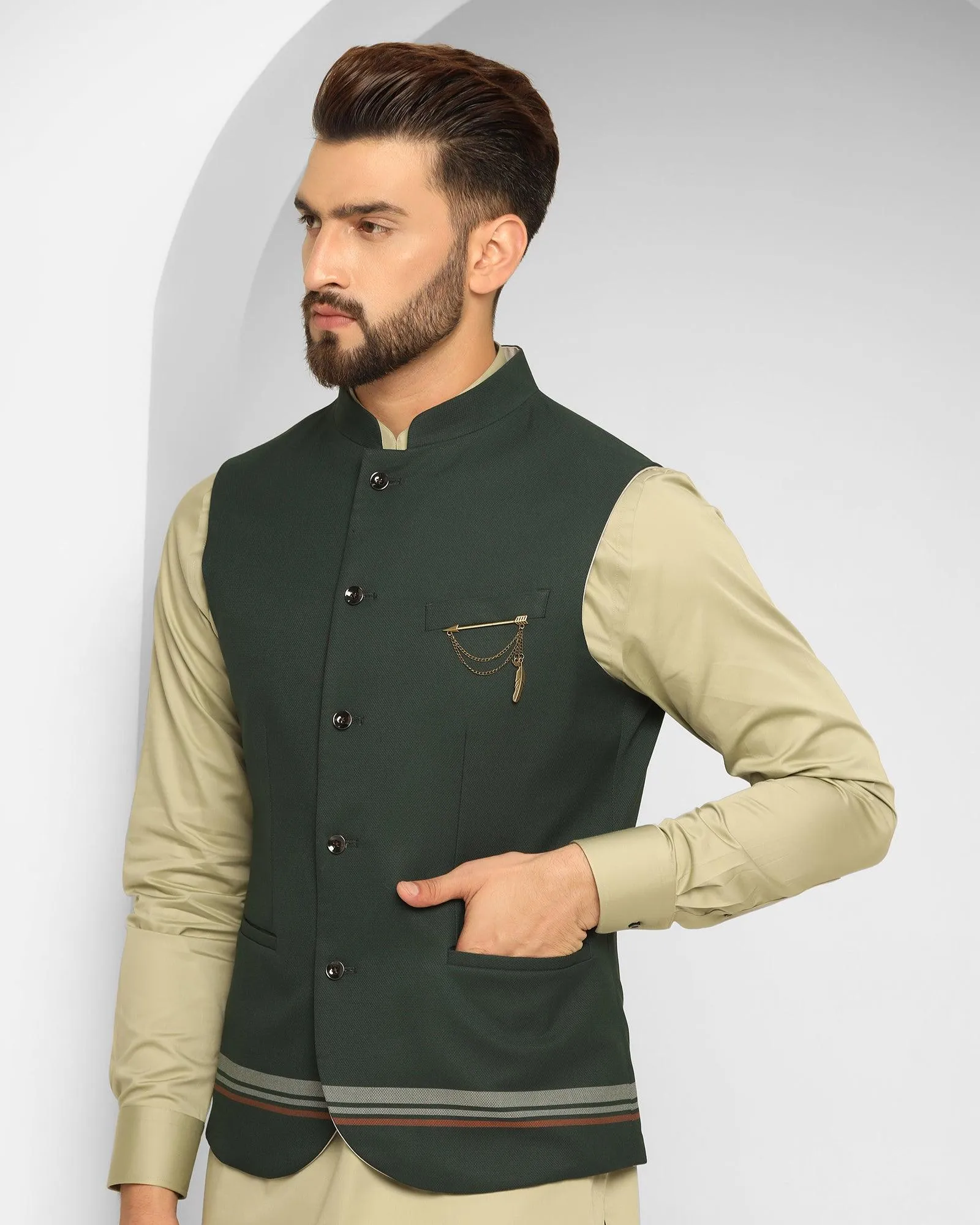 Swarn Three Piece Dark Green Solid Achkan Set - Enola