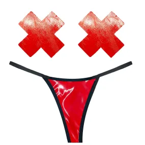 Vixen Red Wet Vinyl G-String Pastie and Pantie Lingerie Set